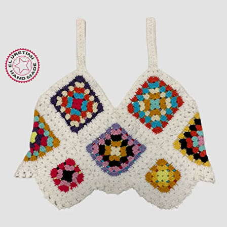 Uretti - ASLI 5776 - El Yapımı Çok Renkli Crop Top - Beyaz
