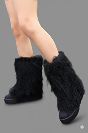 Kadın Tüylü Platform Bot | Kışlık Peluş Detaylı Kalın Taban Bot