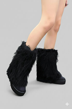 Kadın Tüylü Platform Bot | Kışlık Peluş Detaylı Kalın Taban Bot