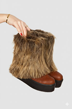 Kadın Tüylü Platform Bot | Kışlık Peluş Detaylı Kalın Taban Bot