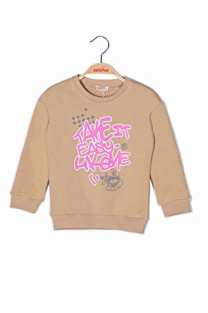 Kız Çocuk Pembe Yazı Baskılı Sweatshirt