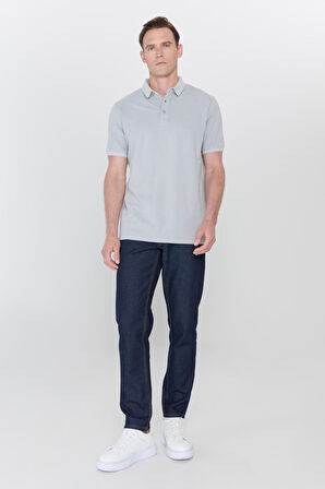 Erkek Gri Slim Fit Dar Kesim Polo Yaka %100 Pamuk Kısa Kollu Desenli Tişört