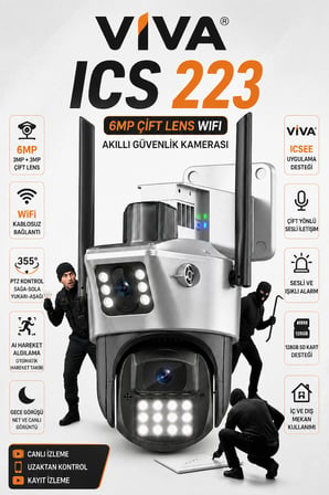 ICS-223 6MP Çift Lensli Wifi Akıllı Güvenlik Kamerası 3MP+3MP PTZ IP66 Su Geçirmez Gece Görüşlü AI Takip