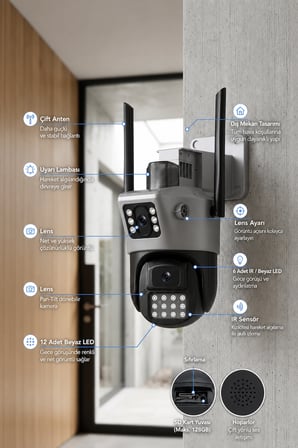 ICS-223 6MP Çift Lensli Wifi Akıllı Güvenlik Kamerası 3MP+3MP PTZ IP66 Su Geçirmez Gece Görüşlü AI Takip