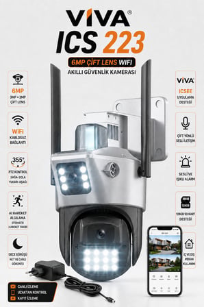 ICS-223 6MP Çift Lensli Wifi Akıllı Güvenlik Kamerası 3MP+3MP PTZ IP66 Su Geçirmez Gece Görüşlü AI Takip