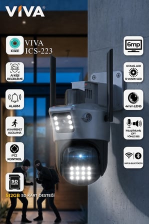 ICS-223 6MP Çift Lensli Wifi Akıllı Güvenlik Kamerası 3MP+3MP PTZ IP66 Su Geçirmez Gece Görüşlü AI Takip