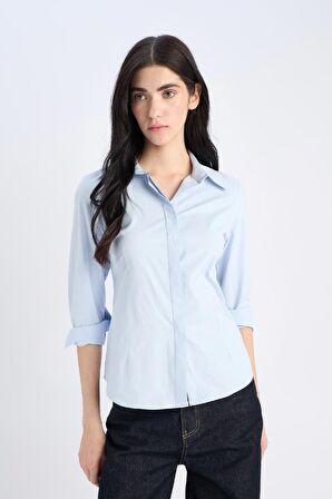 Fitted Basic Düz Bengalin Uzun Kollu Gömlek