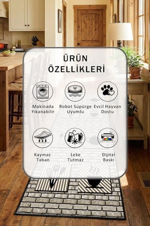 Ehl 268 Siyah Mutfak Halısı Yıkanabilir Kaymaz Leke Tutmaz Dijital Baskı