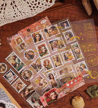 Vintage Pul Tasarımlı Estetik Sticker Çıkartma Seti - Defter, Ajanda ve Günlük Süsleme Stickerı (Karışık Model)