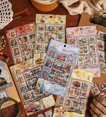 Vintage Pul Tasarımlı Estetik Sticker Çıkartma Seti - Defter, Ajanda ve Günlük Süsleme Stickerı (Karışık Model)