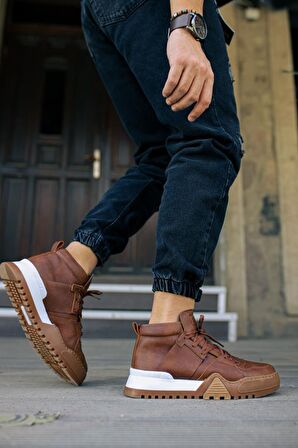 Bpm CH057 Yuvarlak Burun Kısa Topuk Bağcıklı Soğuk Havaya Dayanıklı Spor Taba Klasik Bot Vegan Deri