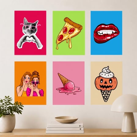 Eğlenceli İllüstrasyon Dönem Kombini 6'lı Poster Seti - 15x21 Çerçevesiz Mutfak ve Genç Odası Duvar Sanatı