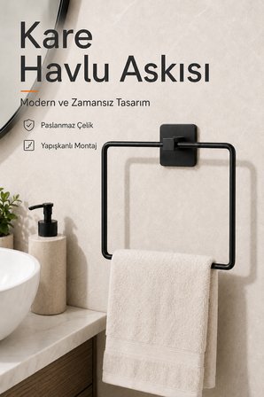 Kare Siyah Havluluk Yapışkanlı Delmesiz Metal Çelik Banyo Askılığı El Havluluğu