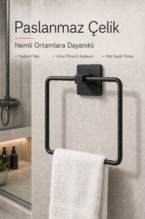 Kare Siyah Havluluk Yapışkanlı Delmesiz Metal Çelik Banyo Askılığı El Havluluğu