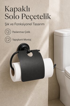Kapaklı Tuvalet Kağıtlığı Havluluk Yapışkanlı Siyah Rulo Kağıt Peçetelik Delmesiz Paslanmaz Çelik