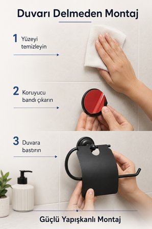 Kapaklı Tuvalet Kağıtlığı Havluluk Yapışkanlı Siyah Rulo Kağıt Peçetelik Delmesiz Paslanmaz Çelik