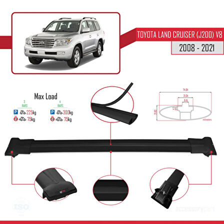 Toyota Land Cruiser V8 (J200) 2008-2021 Arası ile Uyumlu FLY Model Ara Atkı Tavan Barı Siyah 3 Adet