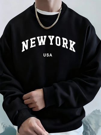 New York'u Temsil Eden Heykel Baskılı Erkek Kazak Vintage Bol Giysiler Sokak Günlük Giyim Kaz