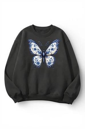Unisex Yumuşak Dokulu Kelebek Baskılı Tasarım Oversize 3 İplik Bisiklet Yaka Sweatshirt