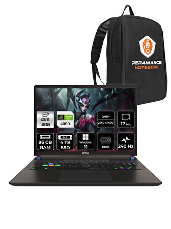 MSI Vector 17 HX i9-14900HX 96GB 4TB SSD RTX4090/16GB 17" QHD+ 240HZ W11P A14VIG-879XTR & PER4 ÇANTA