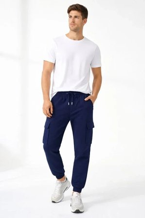Erkek Jogger Eşofman Altı Regular Fit , Kargo Cepli, Lastikli Paça, Günlük Spor Pantolon - Lacivert
