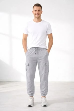 Erkek Jogger Eşofman Altı Regular Fit , Kargo Cepli, Lastikli Paça, Günlük Spor Pantolon - Gri