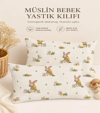 More Home Bebek Yastık Kılıfı Müslin 2 Adet  35X45  Ördekli  & Tavşanlı