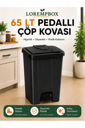 65 LT Pedallı Çöp Kovası Ev, Ofis, Mutfak, Bahçe ve İşyeri Kullanımına Uygun Siyah