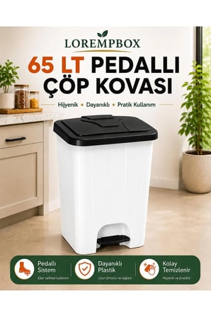 65 LT Pedallı Çöp Kovası |Ev, Ofis, Mutfak, Bahçe ve İşyeri Kullanımına Uygun Beyaz Siyah