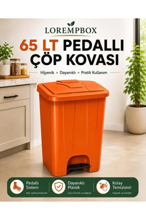 65 LT Pedallı Çöp Kovası Ev, Ofis, Mutfak, Bahçe ve İşyeri Kullanımına Uygun Turuncu
