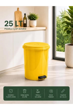 25 Lt Pedallı Plastik Çöp Kovası Dayanıklı, Hijyenik Ev & Ofis Çöp Kutusu Sarı