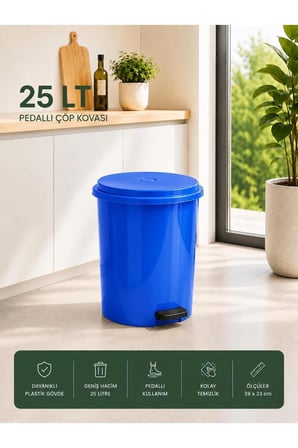 25 Lt Pedallı Plastik Çöp Kovası Dayanıklı, Hijyenik Ev & Ofis Çöp Kutusu Mavi