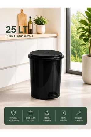 25 Lt Pedallı Plastik Çöp Kovası Dayanıklı, Hijyenik Ev & Ofis Çöp Kutusu Siyah