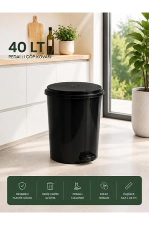 40 Lt Pedallı Plastik Çöp Kovası Dayanıklı, Hijyenik Ev & Ofis Çöp Kutusu Siyah