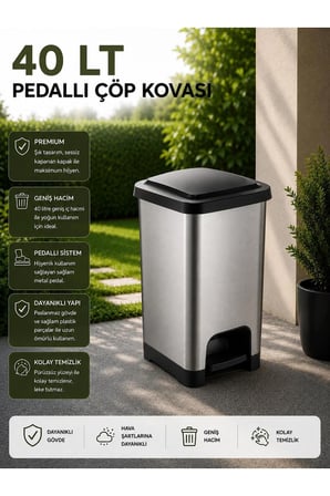 40 LT Slim Pedallı Çöp Kovası Gri - Siyah