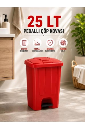 25 Lt Pedallı Çöp Kovası İç Kovasız Kırmızı Renk