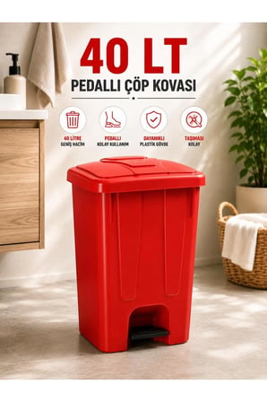 40 Lt Pedallı Çöp Kovası İç Kovasız Kırmızı Renk