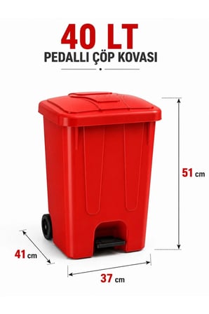 40 Lt Pedallı Çöp Kovası İç Kovasız Kırmızı Renk