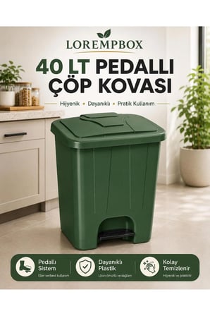 40 Lt Pedallı Çöp Kovası İç Kovasız Yeşil Renk