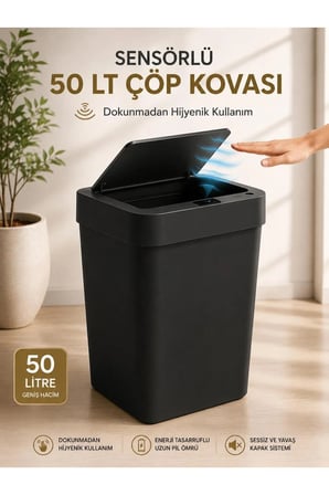 50 LT Sensörlü Akıllı Çöp Kovası Dokunmadan Açılan Otomatik Kapaklı Pilli Hijyenik Çöp Kutusu Siyah