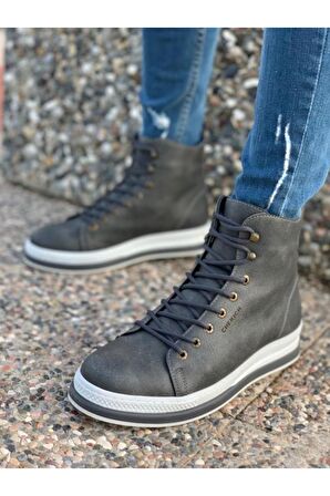 Bpm CH055 Yuvarlak Burun Kısa Topuk Bağcıklı Soğuk Havaya Dayanıklı Günlük Antrasit Klasik Bot Suni Deri