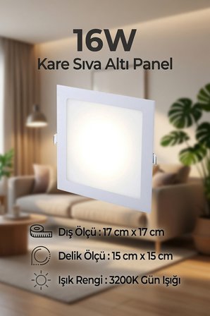 16W Kare Sıva Altı LED Panel Armatür 3200K Gün Işığı – 17x17 cm | 15x15 cm Delik Ölçüsü