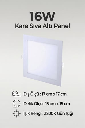 16W Kare Sıva Altı LED Panel Armatür 3200K Gün Işığı – 17x17 cm | 15x15 cm Delik Ölçüsü