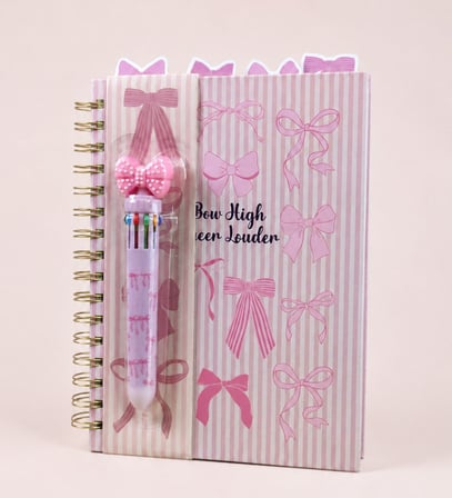 Pembe Fiyonk Temalı 4 Bölmeli Çizgili Defter & 10 Renkli Tükenmez Kalem Kırtasiye Seti