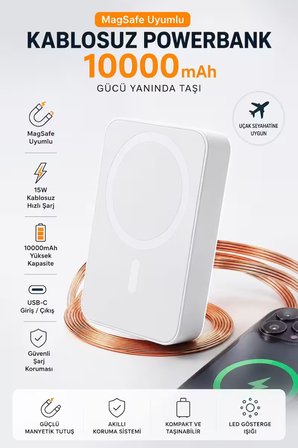 MagSafe Uyumlu 10000 mAh Kablosuz Hızlı Şarj Powerbank Taşınabilir Şarj Cihazı