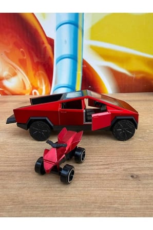 Tesla Cybertruck Diecast Pickup Tesla Model Motorlu Diecast Araba Kırmızı Mini