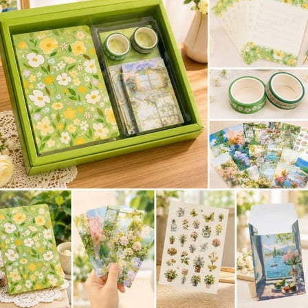  Vintage Çiçek Desenli A6 Günlük Ve Ajanda Hediye Seti - Estetik Scrapbooking Ve Günlük Süsleme Kit Kutusu 116 Parça YEŞİL