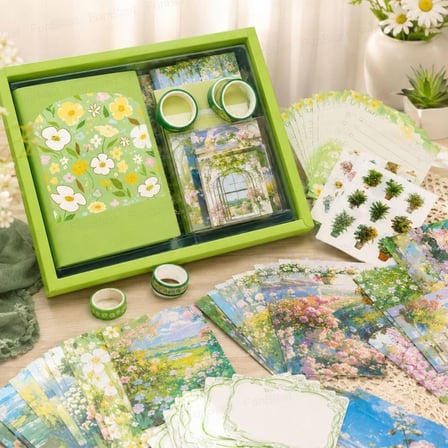  Vintage Çiçek Desenli A6 Günlük Ve Ajanda Hediye Seti - Estetik Scrapbooking Ve Günlük Süsleme Kit Kutusu 116 Parça YEŞİL
