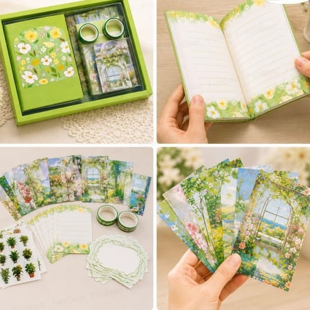  Vintage Çiçek Desenli A6 Günlük Ve Ajanda Hediye Seti - Estetik Scrapbooking Ve Günlük Süsleme Kit Kutusu 116 Parça YEŞİL