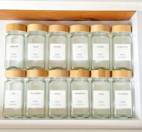 ✨ Premium Cam Baharat Kavanozu Seti 12’li – Ahşap Kapaklı & Etiketli | Mutfak Düzenleme Organizeri